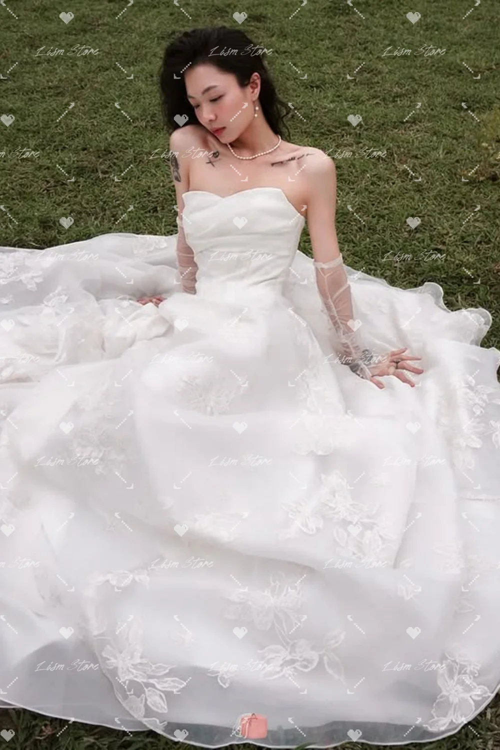 Lism Graceful Sleeveless Strapless Wedding Dresses A-line Sweep Train Handmade Flowers Korea Wedding Dress Photo Shoot Customize