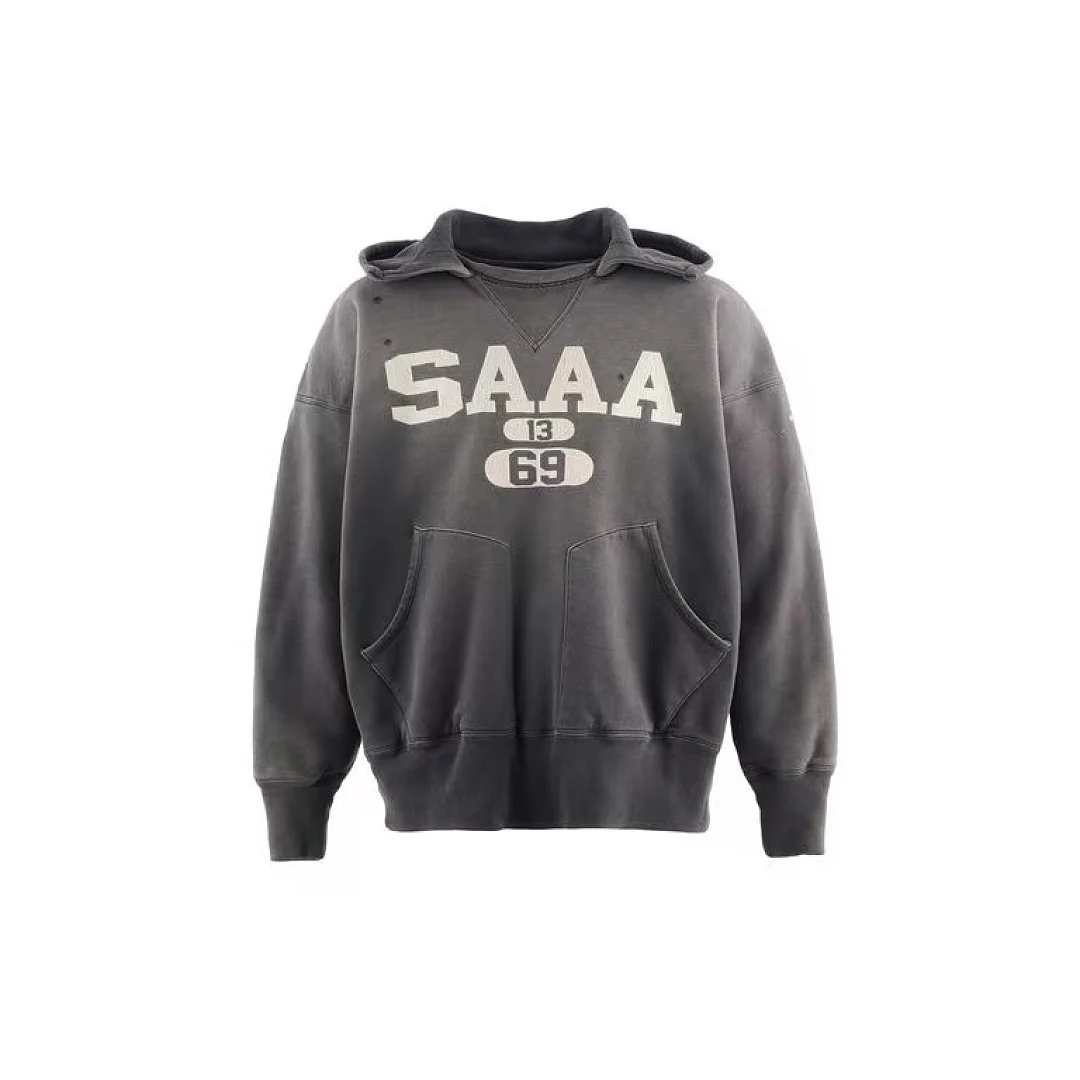 26FW SAINT Co-brand Women Men Thick Sweatshirts Hoodies Hiphop SAAA print Pocket Distressed Hoodie Pullover