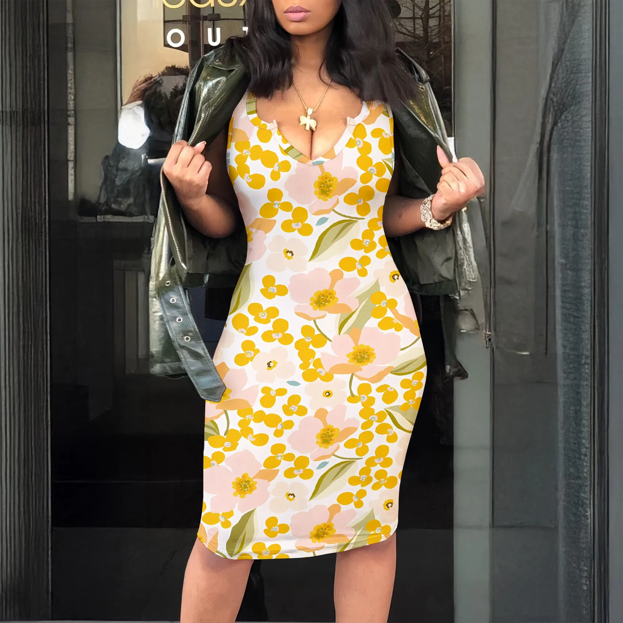 

Yellow Floral, Sleeveless Bodycon Dress, V-Neck Summer Midi, Boho Party Wear, Casual Vacation Fit, S-2XL