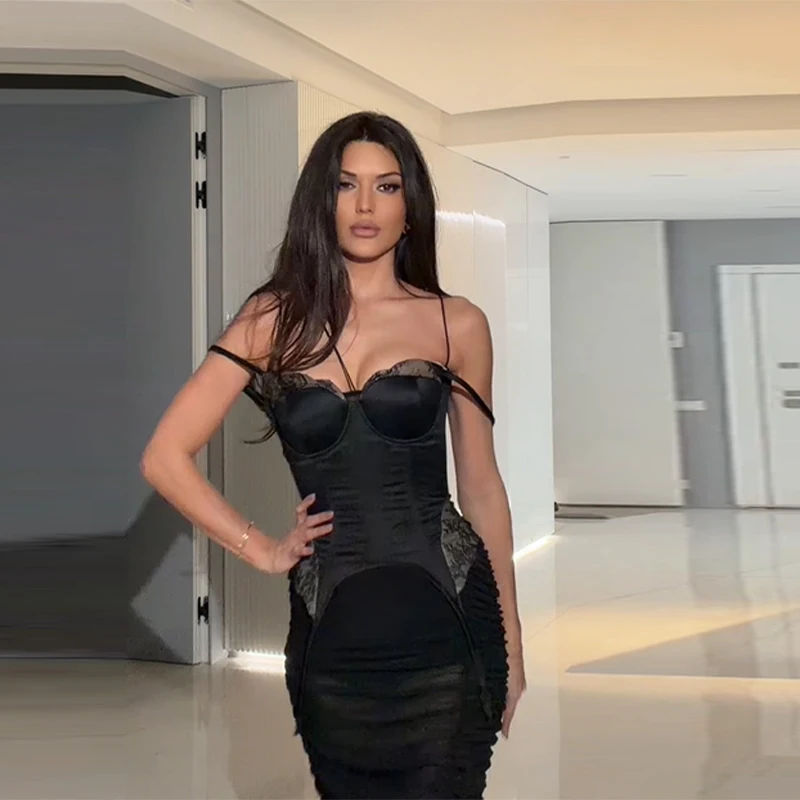 Luxury Satin Bustier Fishbone Shaping Top Women Mesh Ruched Bodycon Lace Trim Spaghetti Strap Night Out Cocktail Tops Club Party