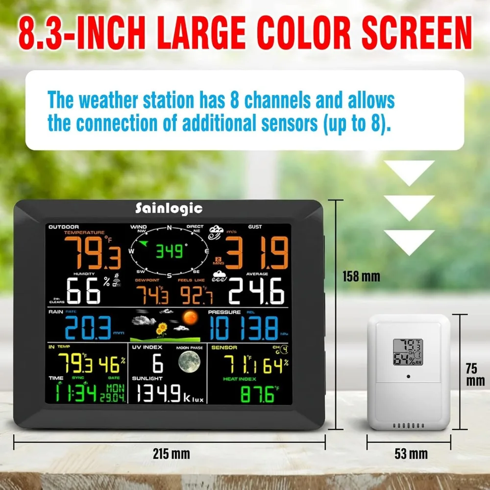 Professional WiFi Weather Station with Outdoor Sensor, Internet Wireless Weather Station Remote Monitoring System, 8.3 Inch