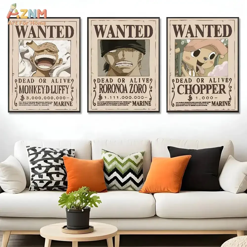 AZNM One Piece Wanted Bounty Canvas Poster, Luffy Zoro Sanji Chopper Ace Robin Anime Art Print, Vintage Pirate Wall Decor, No Fr