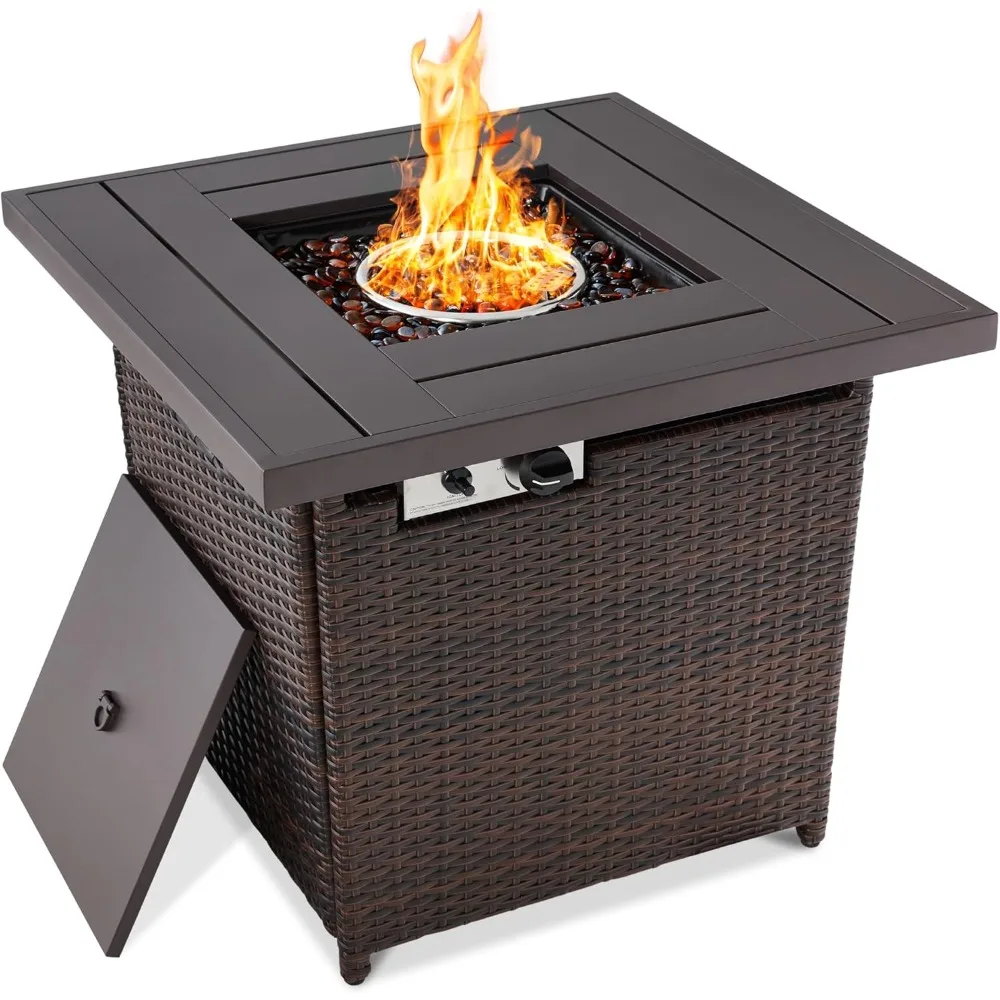 

Gas Fire Pit Table, 50,000 BTU Outdoor Wicker Patio Propane Firepit w/Faux Wood Tabletop, Clear Glass Rocks, Cover