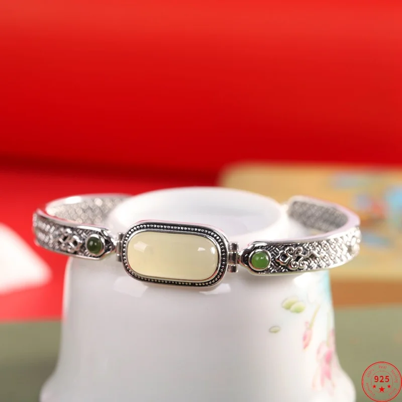 S925 Sterling Silver Bracelet for Women  New Fashion Weaven Pattern Jade Jasper Ethnic Style Bangle Jewelry Wholesale