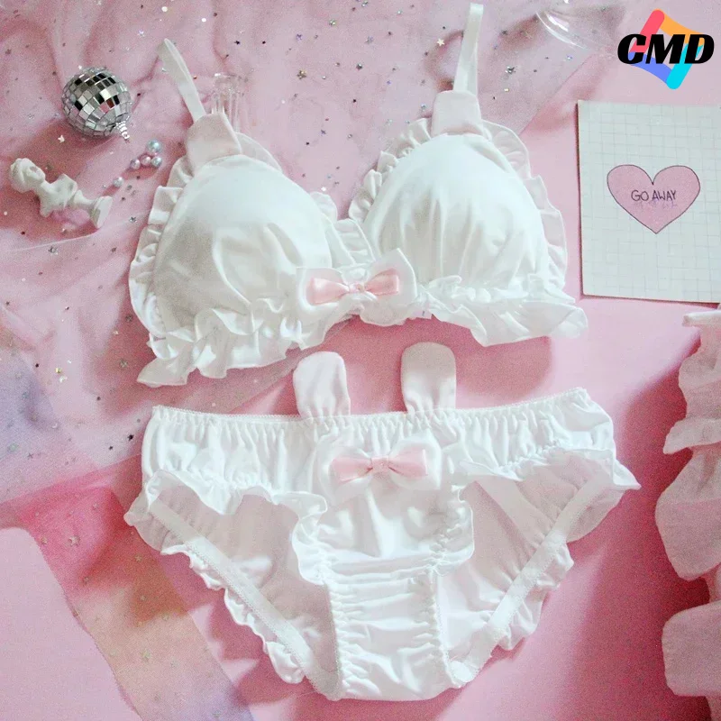 Cos Japanese Lolita Kawaii Bow Ruffle White Underwear Sexy Female Cute Rabbit Ears Lingerie Women's Bra & Panties Set Bras
