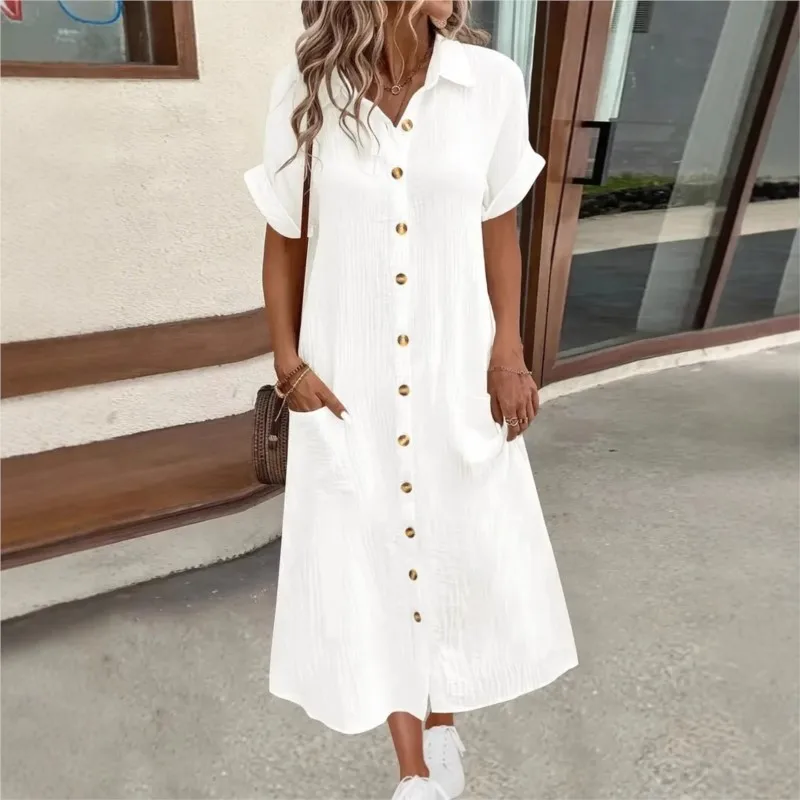 فستان ماكسي صيفي كاجوال بلون سادة بسيط ورقبة على شكل حرف V للنساء بأكمام قصيرة مع جيب فساتين قميص فساتين نسائية