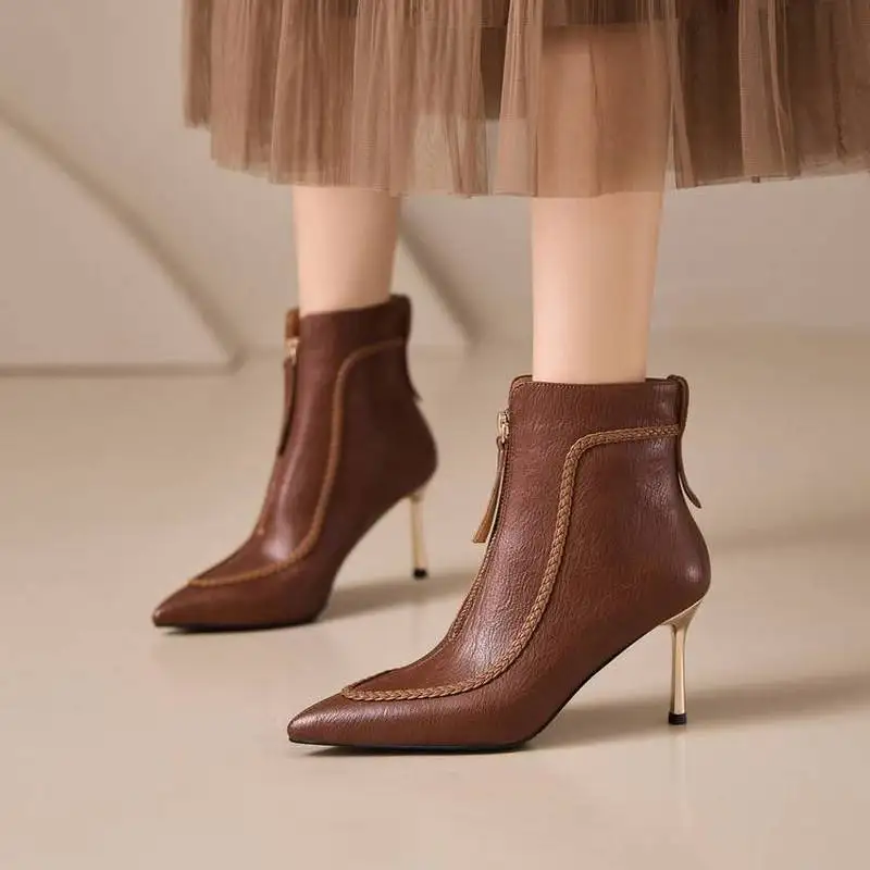 Women Pointed Toe Leather Ankle Boots Braided Detail Front Zipper 8CM Stiletto Heel Pigskin Lining Fleece Lined Option WideF175