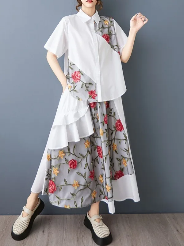 Faionable besticktes Me-Patchwork-Set mit Sve-Kragen, lockerer Taille und Rock, Sommer-Outfit für Damen, 25–35 Jahre...