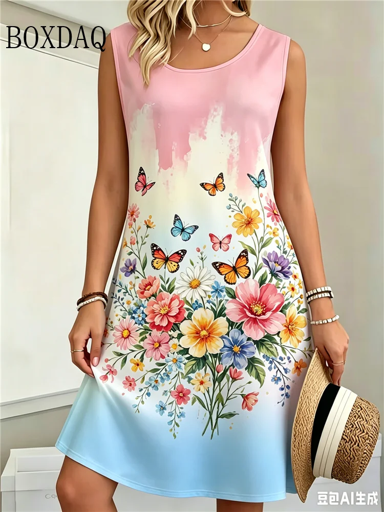 Women's Floral Butterfly Print Dress Summer Fashion Plus Size Casual Sleeveless Dress For Daily Holiday Vacation Wear Sundress