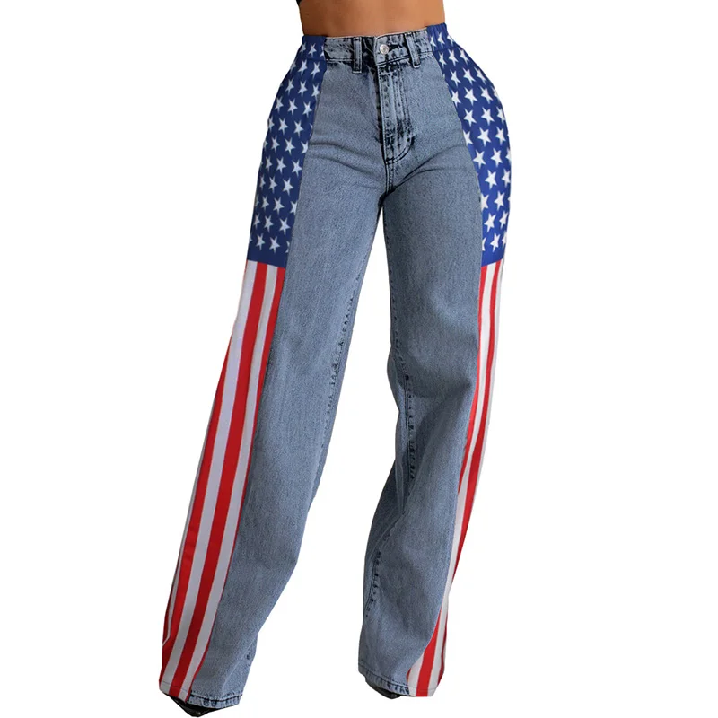 

Stigende Sideseam Striped Wide Leg Jeans Women Star Spangled Stretch Denim Pants Patchwork Colorblock Straight Trouser