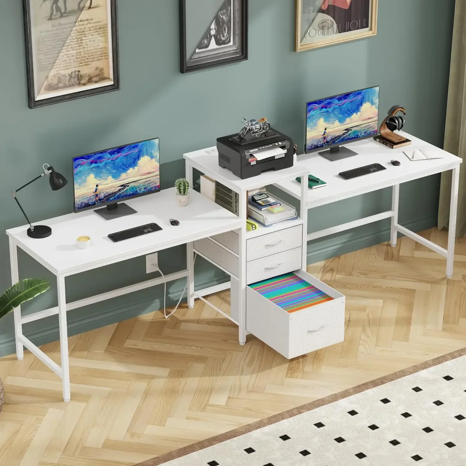 

93'' Two Person Desk with Charging Station, Long Desk with 3 Drawers and Printer Shelf, Double Computer Desk, 2 Person Writing S