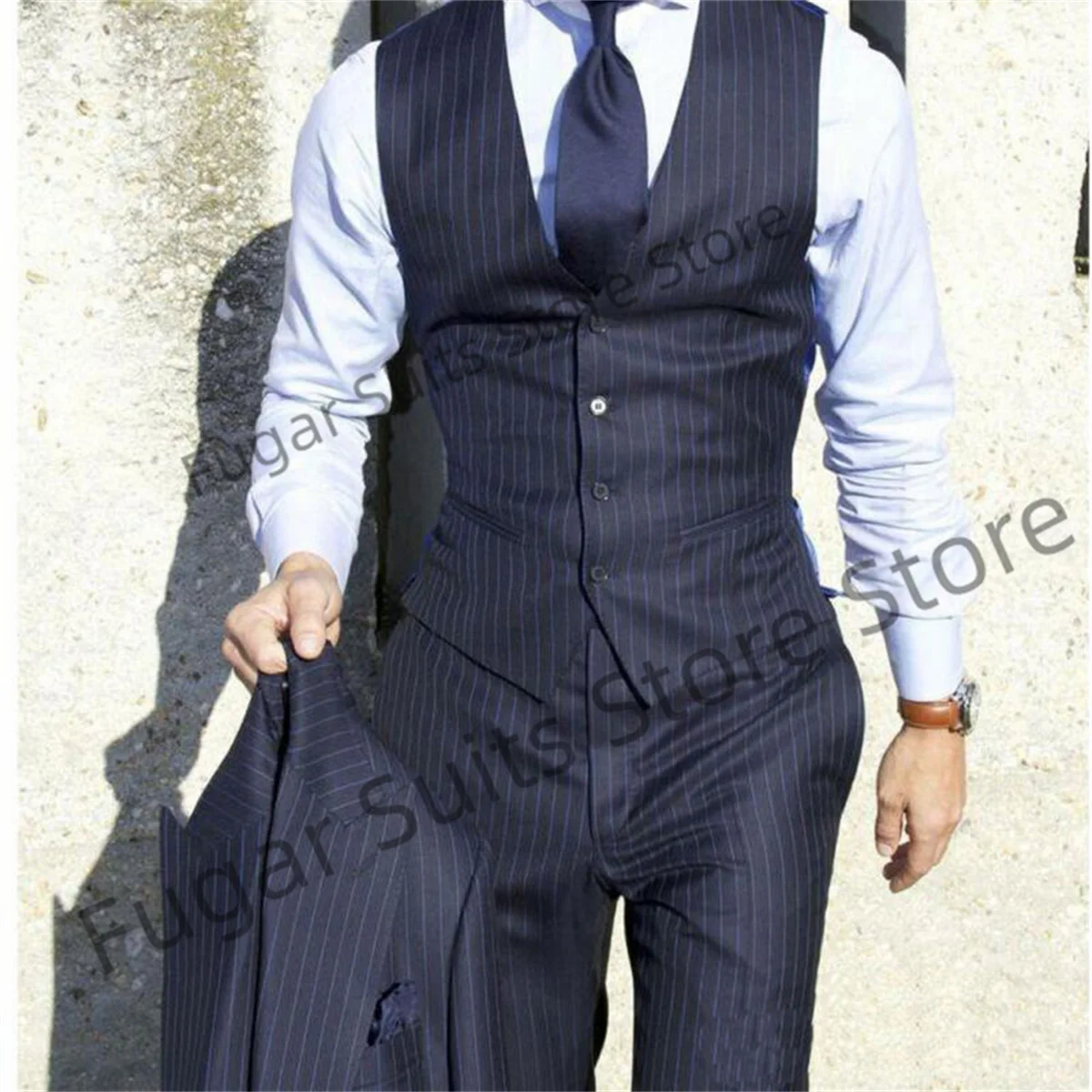 Business Navy Blue Striped Wedding Suits For Men Slim Fit Custom Groom Wide Peaked Lapel Tuxedos Prom 3Pieces Sets Costume Homme