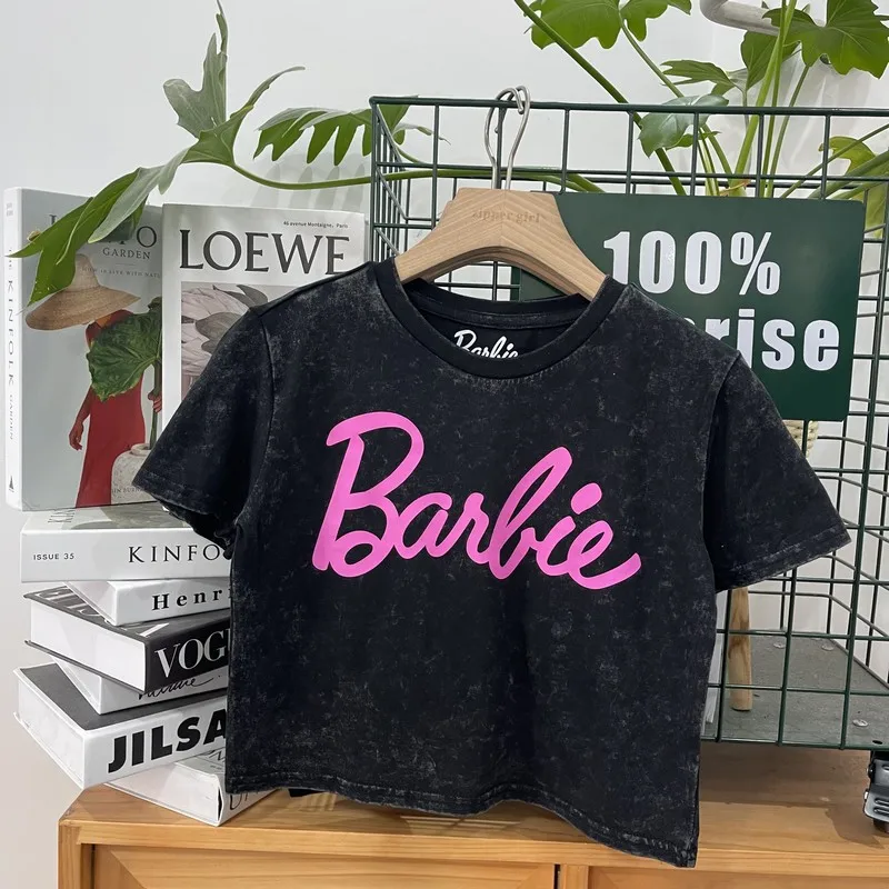 New Barbie Summer Girls Crop Tops Anime Kawaii Slim Y2k Tees Casual Harajuku Short-sleeved Ladies T-shirt Women Clothing Gifts