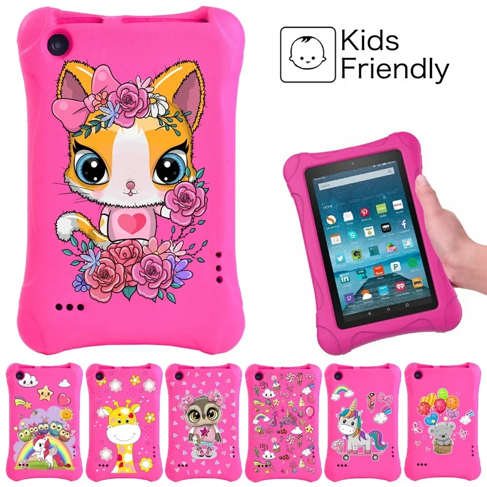 Tablet Case for Fire 7(7th/5th/9th) Pink Cute Cartoon Print Children's Anti-fall and Shockproof Protective Cover + Free Stylus