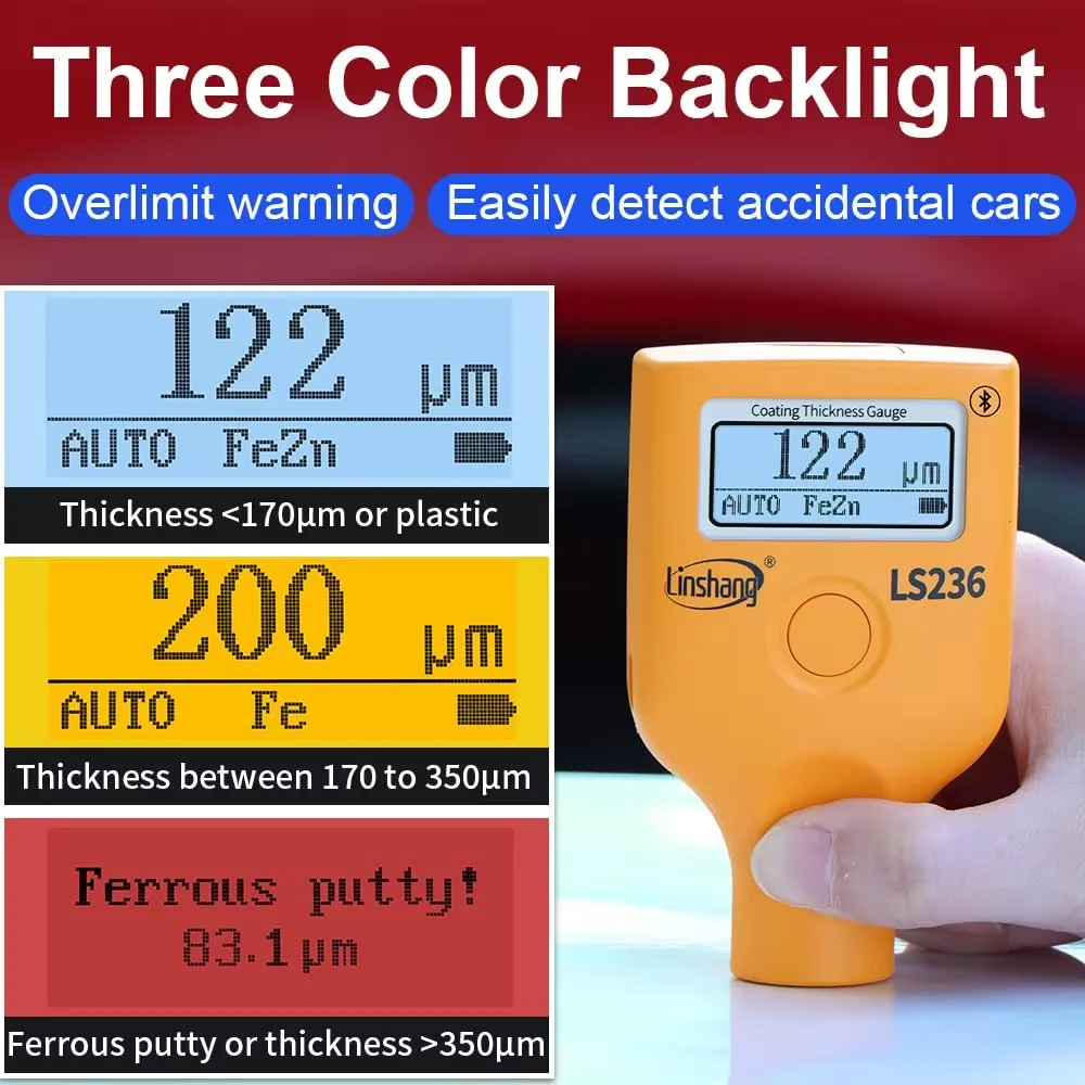 LS236 Coating Thickness Gauge Dual LCD+OLED Display -40℃ Fe/Al Probe Ruby Tip 3-Color Backlight Bluetooth APP for Car Body Paint