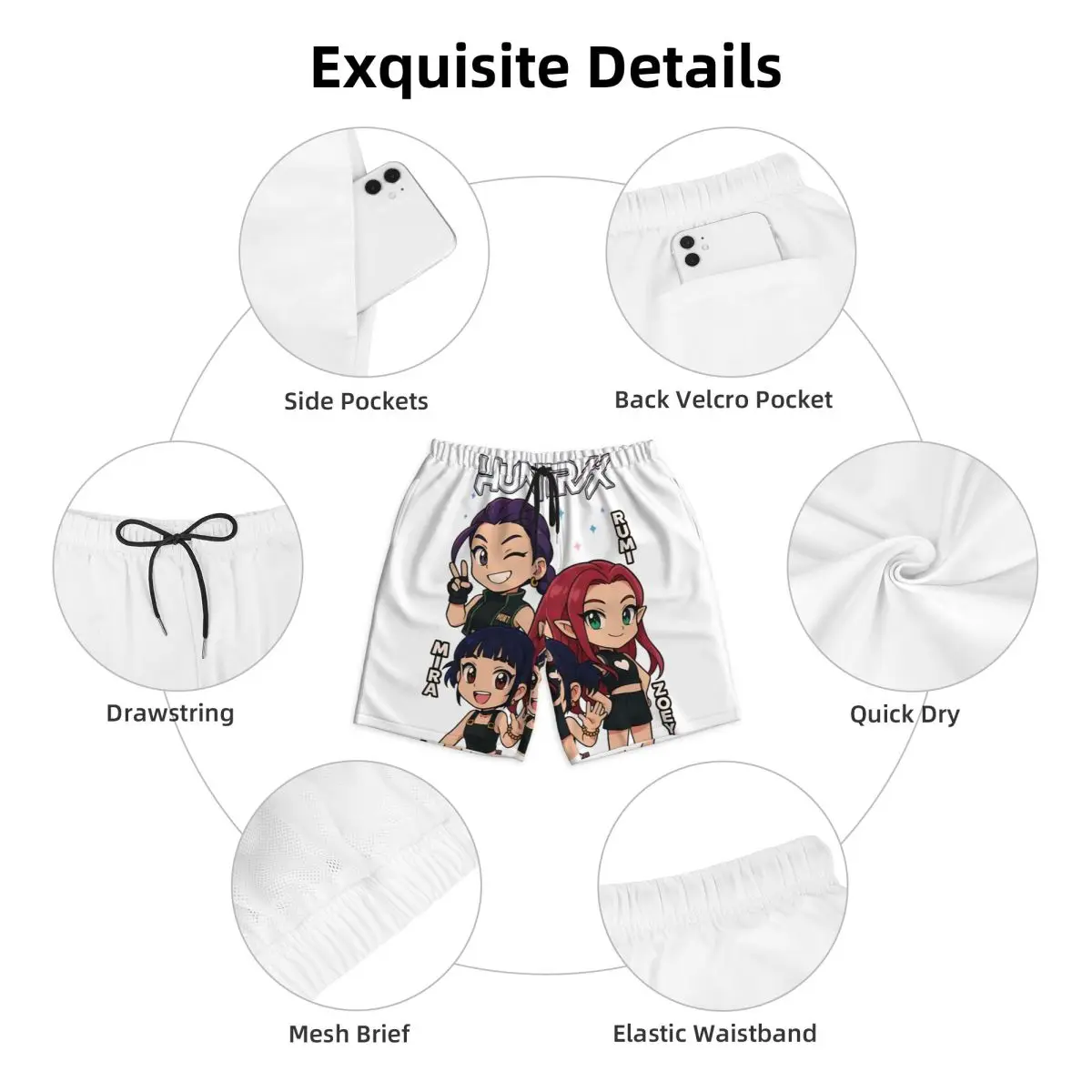 Male Board Shorts Kpop Demon Hunters Huntrix Anime Hawaii Swim Trunks Quick Dry Sports Hot Sale Oversize Beach Shorts