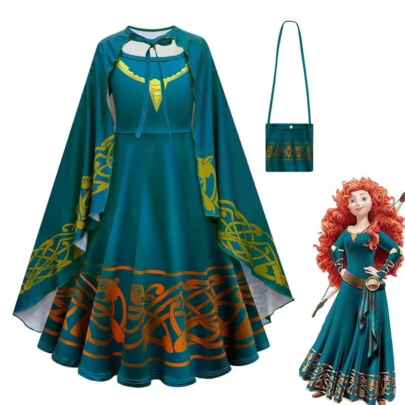 l2025l Halloween Brave Merida Dress Girl Rapunzel Princess Cloak Halloween for Kid Merida Cosplay Anime Fancy Skirt Festival Car