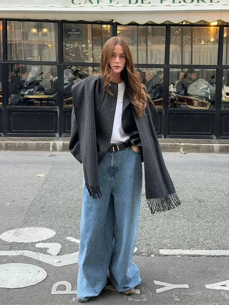 

Vintage Stripe Pattern Coat With Scarf Office Women Loose Long Sleeve Single Breasted Jacket 2025 Autumn Winter Lady Streetwear