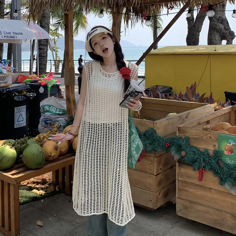 Vestido Midi de punto para mujer, vestido informal liso sin mangas, con diseño calado