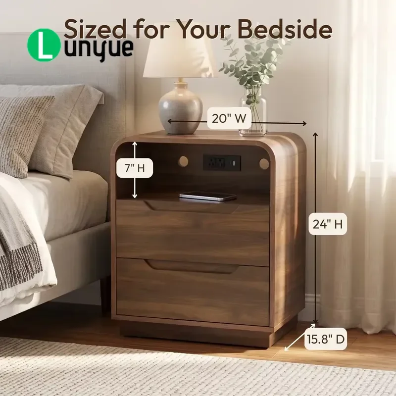 Modern Wooden Bedside Table Set 2 Piece Nightstand with Smooth Rounded Corners for Bedroom Living Room Home Furniture Decor