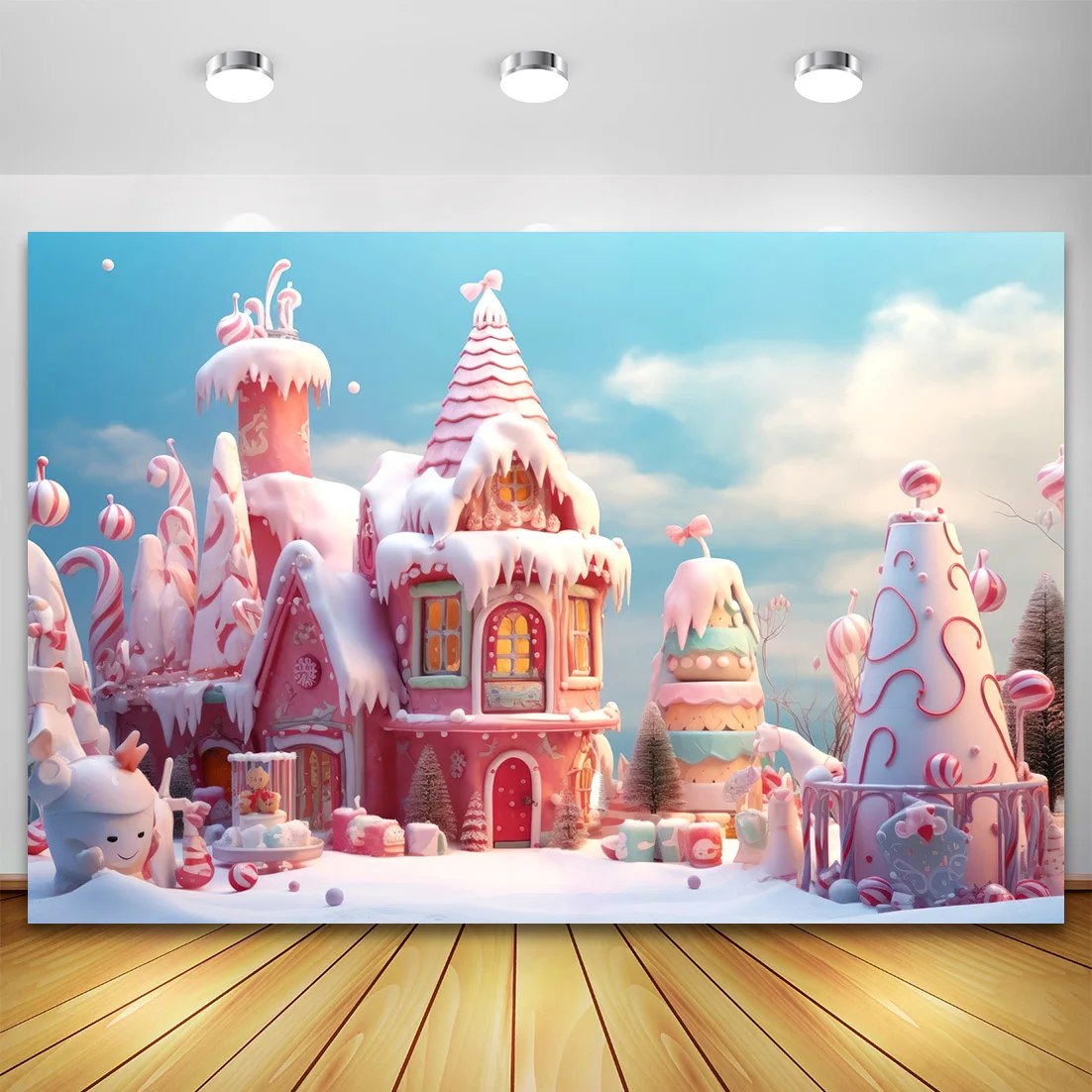 Winter Wunderland Schnee Weihnachten Hintergrund süße Süßigkeiten Haus Cartoon Fotografie Hintergrund für Kind Baby Fotostudio Fotophon