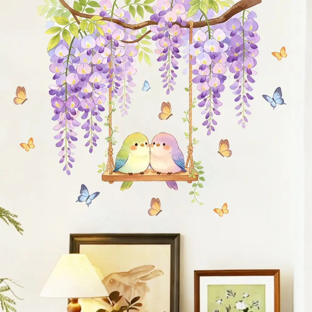 Removable Wisteria Flower Wall Mural Bird Butterfly Decal For Bedroom Living Room Nursery Interior Wall Paper Decoration