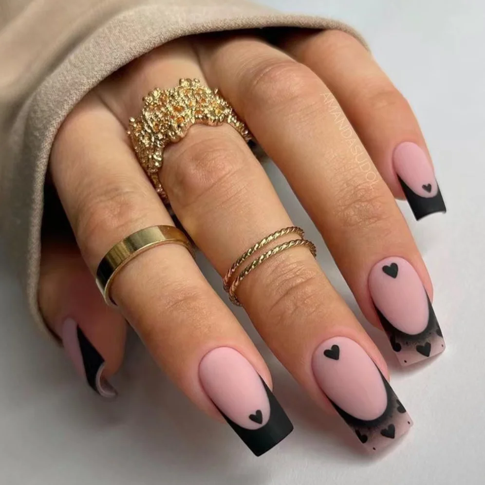 

24P Artificial Square Nail Art Fake Nails Black Nude Pink French Gradient Loveing Removable False Nail Press-On Nails with Glue