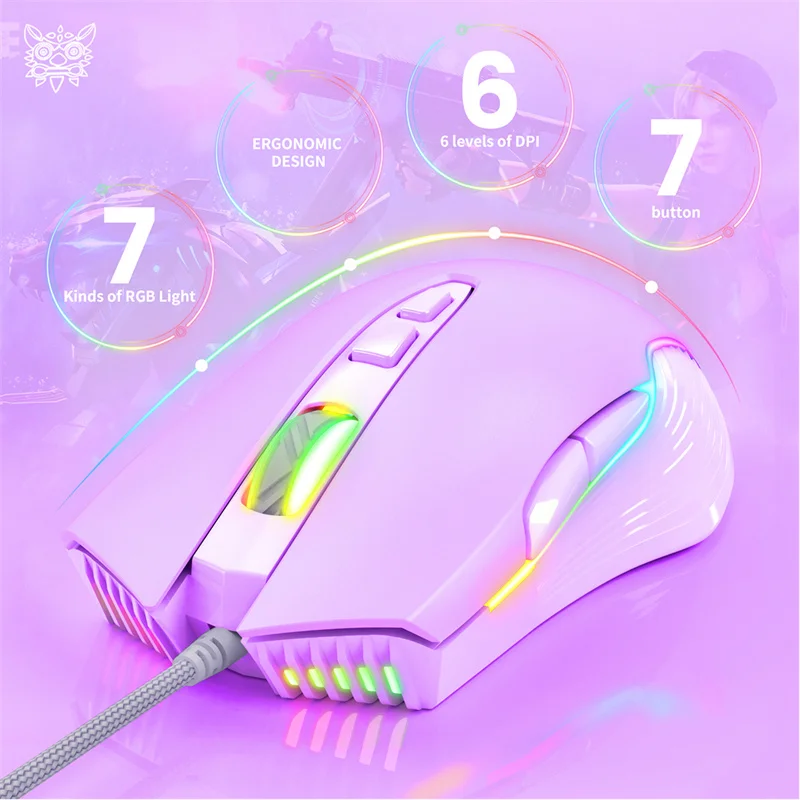 New Product Onikuma CW905 Wired Mechanical Girl Gaming Mouse Computer Dedicated RGB Light Mouse 6-speed 6400 DPI