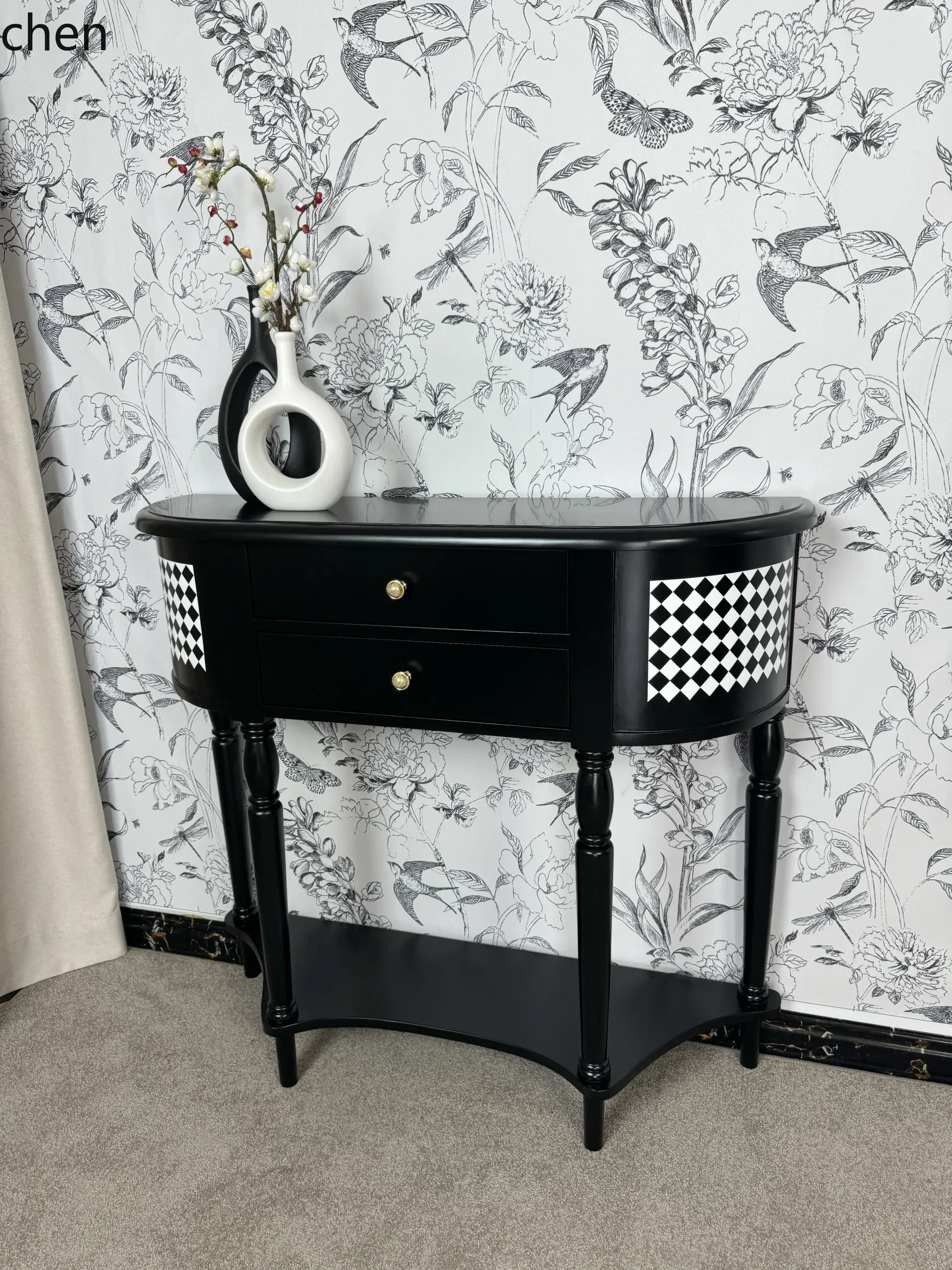 DSA  Modern Semi-circular Arc Entrance Table Solid Wood Entrance Foyer Black Cream Style Ornament Table Narrow End View Table