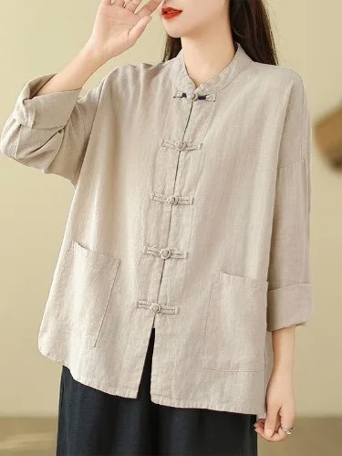 Chinese Style Reformed Tang Suit Cotton Linen Shirt Coat Spring Autumn Retro National Style Zen Tea Clothing Women's Top
