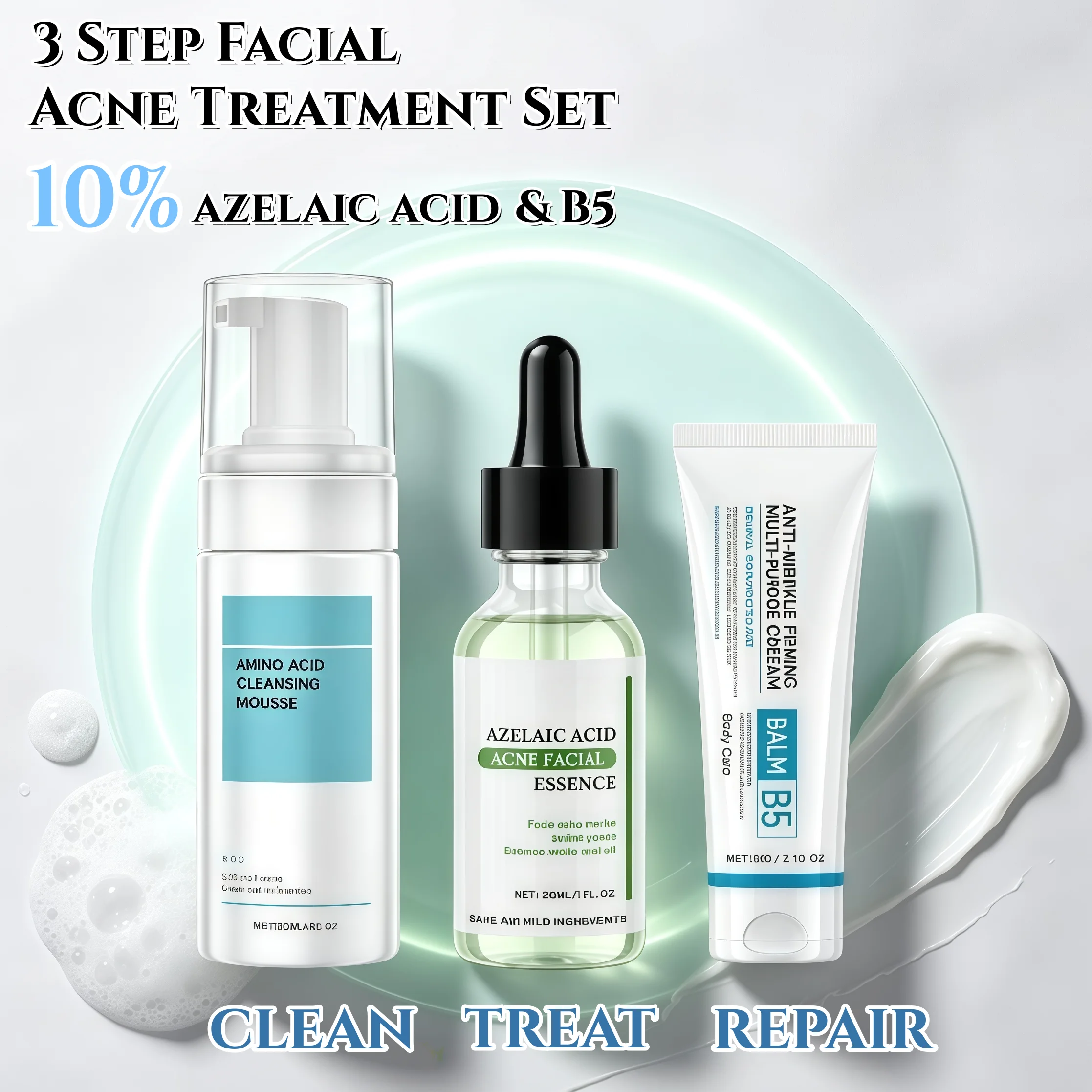 Three Step Facial Acne Treatment Set,Azelaic Acid Fights Acne Root Cause Efficiently,Ultra Gentle Amino Acid Cleansing,B5 Barrier Support&Moisture Lock&Post Breakout Mark Fading&Redness Relief,Oil Control&Pore Refining,Safe&Mild For Oily Acne Prone Skin