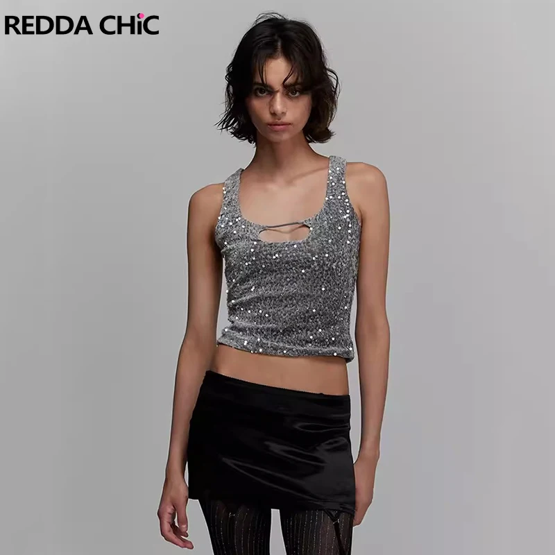 

ReddaChic Metallic Silver Sequin Crop Top Women Camisole Retro Y2k Cut Out Sleeveless Vest Sparkly Party Music Festival Outfit