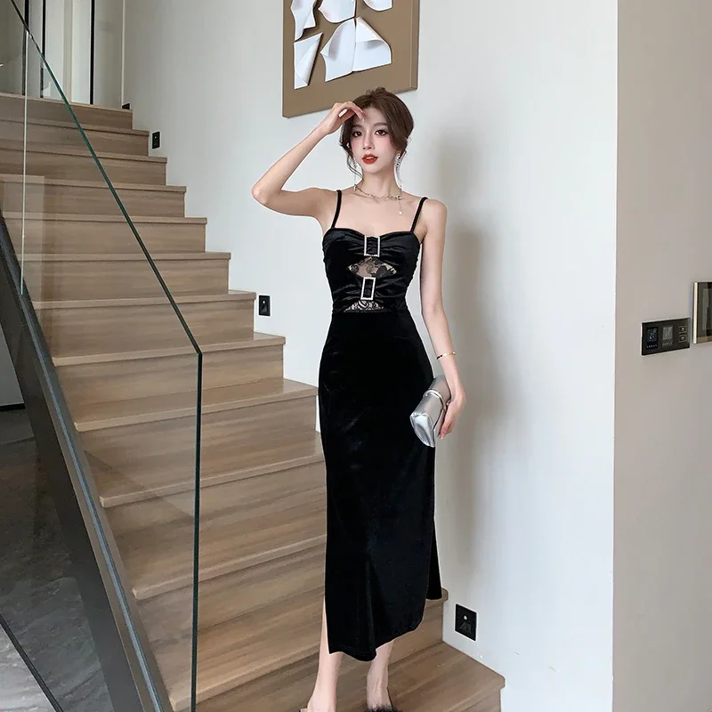 

Sexy Hollow Lace Diamond Buckle Suspender Velvet Slim Long Dress Party Club Birthday
