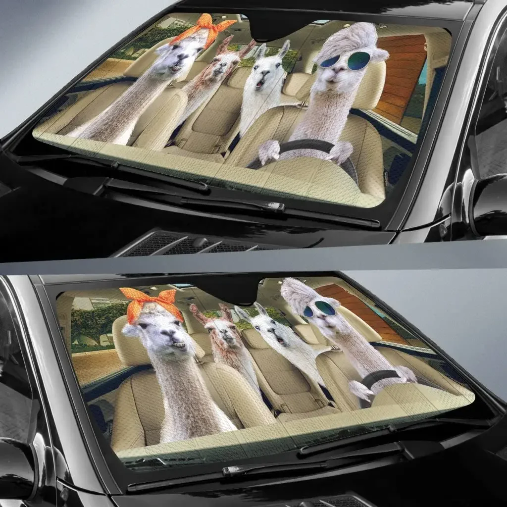 Funny Llama Family Driving and Glasses Headband Car Sunshade, Llamas Driving Auto Sunshade Car Windshield