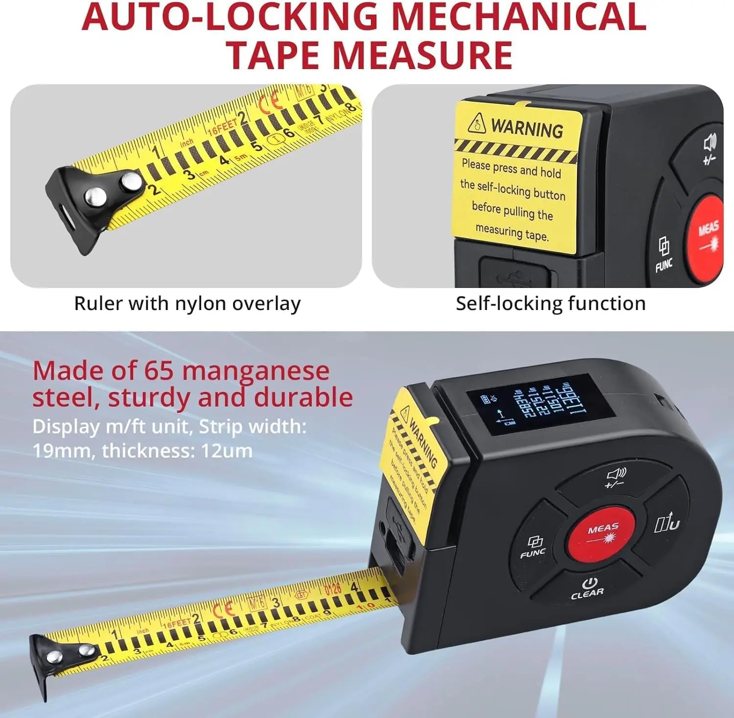 BINTA 2-in-1-Laserbandmaß, 164 Fuß/50 m, Laser-Messwerkzeug, 16,5 Fuß/5 m Maßband mit LCD-Digitalanzeige