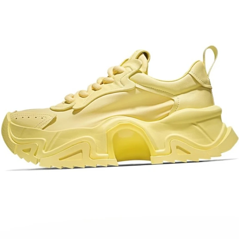 

Genuine Leather Thick Soled Height Increasing Shoes for Men's and Womens Comfortable Versatile Couple Sports Casual Yellow Shoes