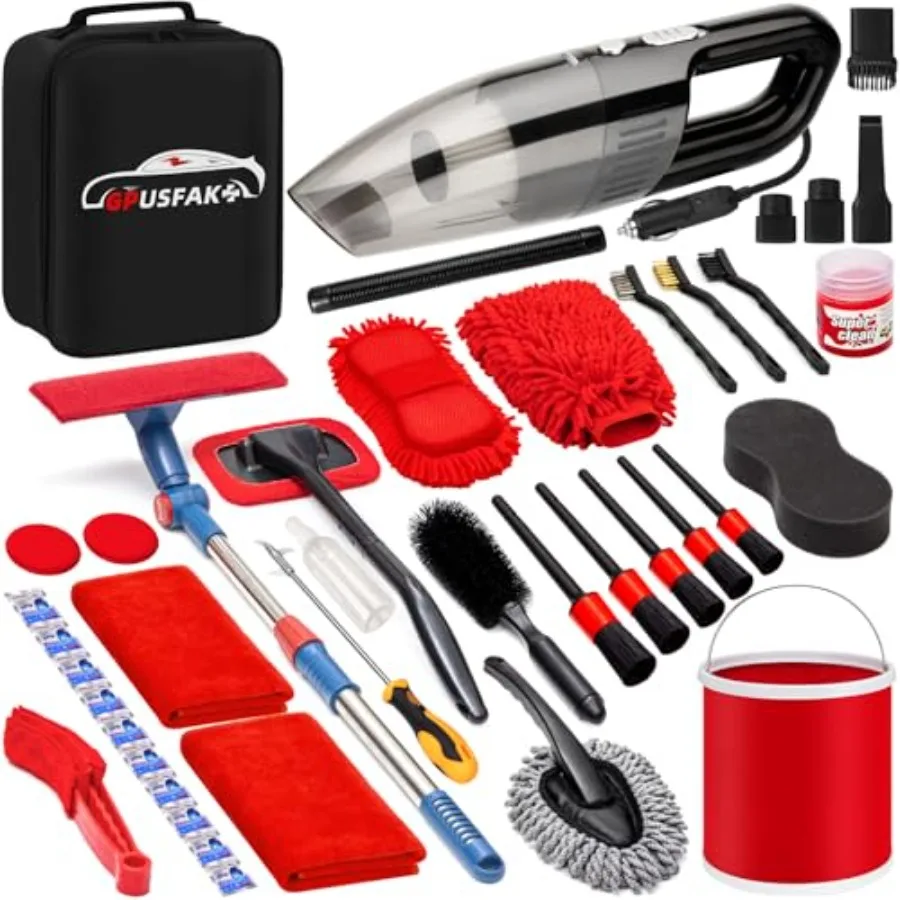 

41Pcs Car Wash Cleaning Kit with High Power Handheld Vacuum Windshield Cleaning Tool Collapsible Bucket Detailing Brushes Tire