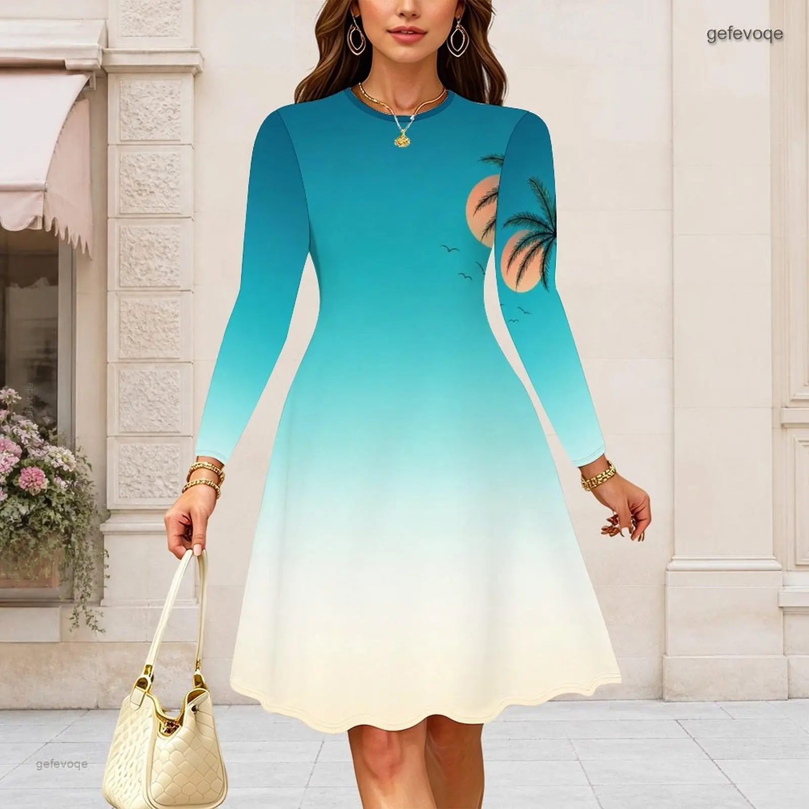 Women Round Neck Long Sleeve Green Shamrock Watercolor Splash Printed A-line Dress