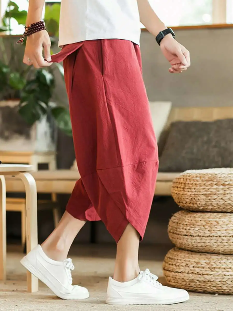 New Men's Spring Summer Wide Leg Pants Multi Color Cotton Linen Style Beach Casual Pants Lantern Pants mid Waist Seven Foot