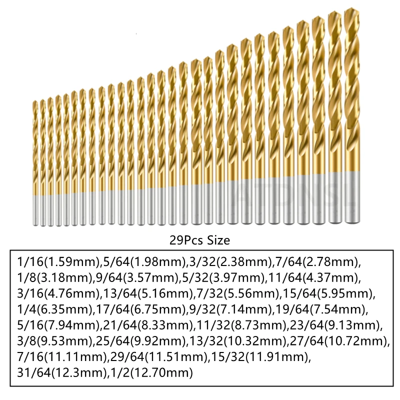 Perceuse hélicoïdale pour métal, acier inoxydable, acier allié, cuivre, aluminium, bois, 29 pièces, 1/16 1/8 5/32 3/16 13/64 1/4 5/16 3/8 1/2