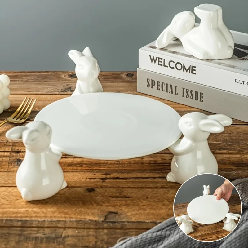 1Set Ceramic Bunny Dessert Stand Cute White Rabbit Figurine Serving Plate for Cakes Candies Cupcakes Easter Home Decoration Gift