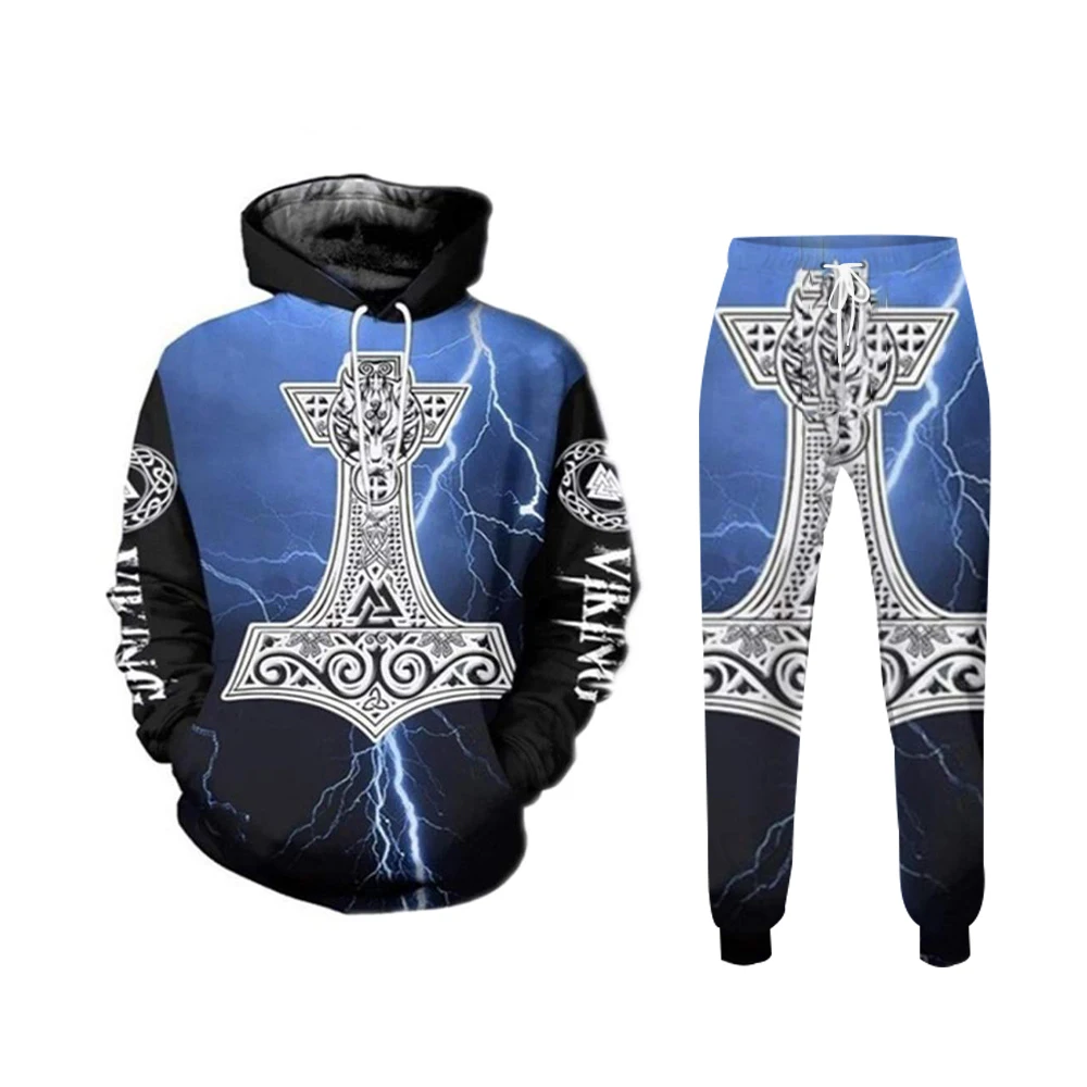 Men\'s Hoodies Set Vintage 3D Demon Print 2-Piece Hooded Sweat pants for Men Fall Casual Street Vintage Men\'s Fashion Sweatshirt