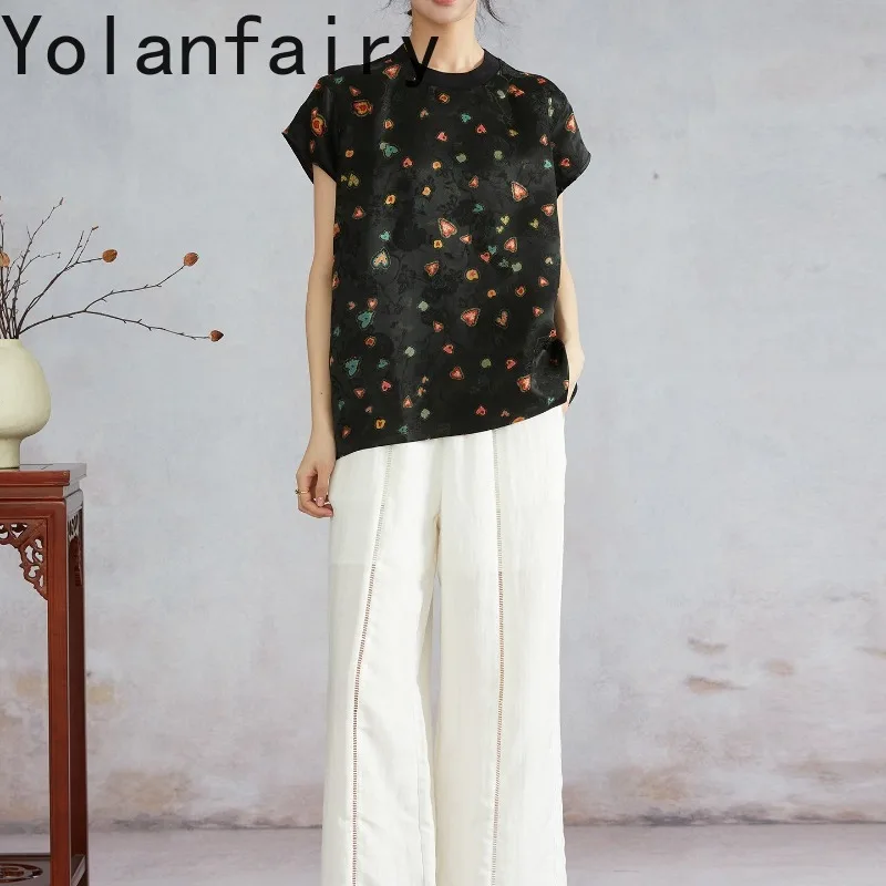 YOLANFAIRY Women Summer 100% Mulberry Silk Jacquard T Shirts Woman Heart Pattern Gambiered Short Sleeve Blouse Tee Shirt Femme