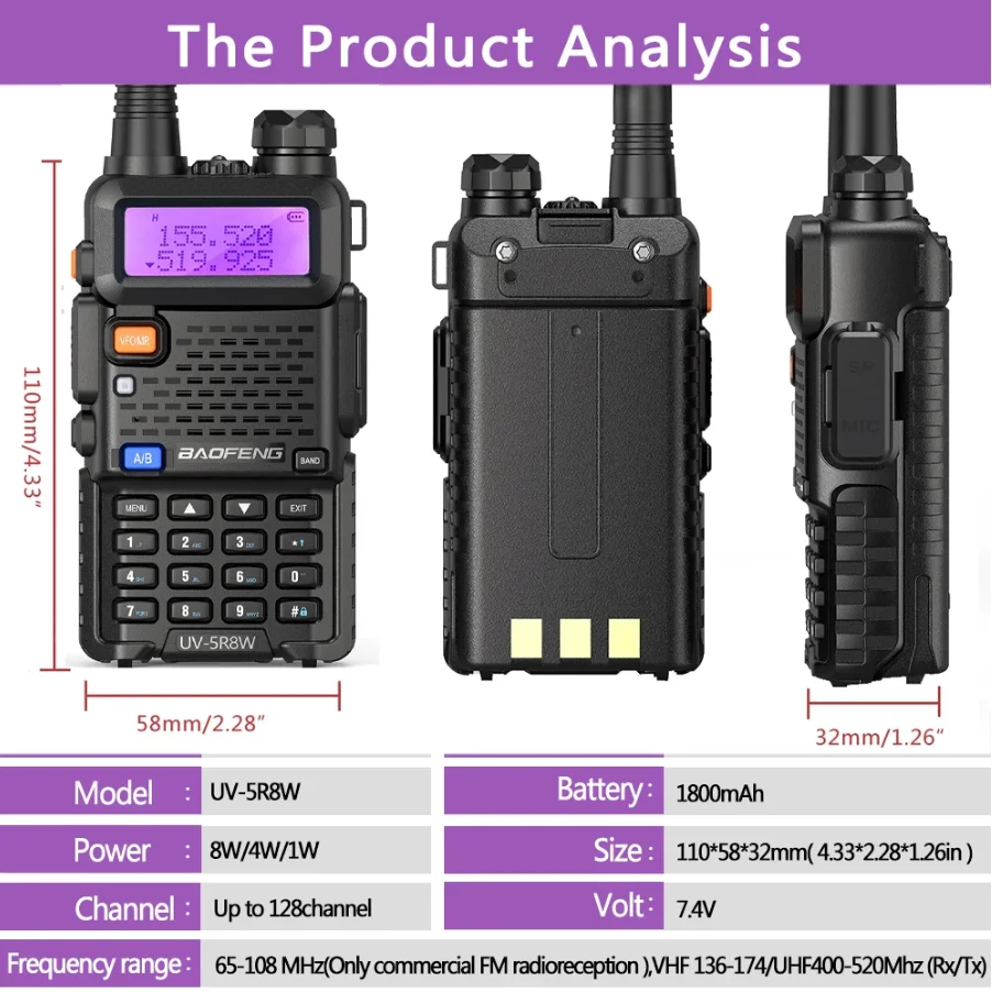 6 قطعة Baofeng Uv-5R 8 واط 6 طريقة شاحن طويل المدى أجهزة الاتصال اللاسلكية Uhf Vhf Vox Ctcss/Dcs راديو الاتصالات التخييم