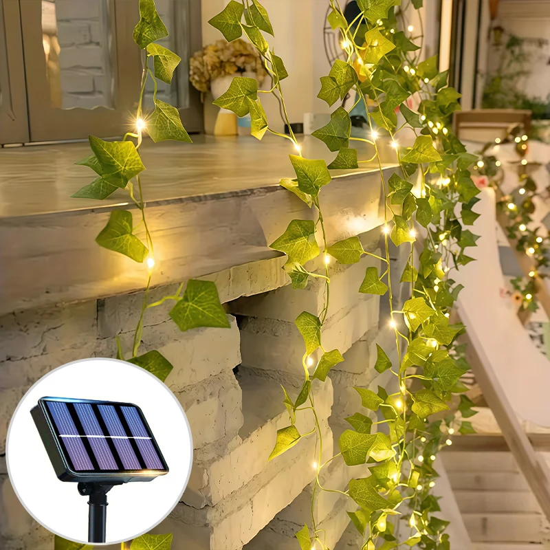 Grüne Lichterkette mit solarbetriebenen künstlichen Efeu-Blättern und 8 Modi für Garten-, Hochzeits- und Weihnachtsdekoration