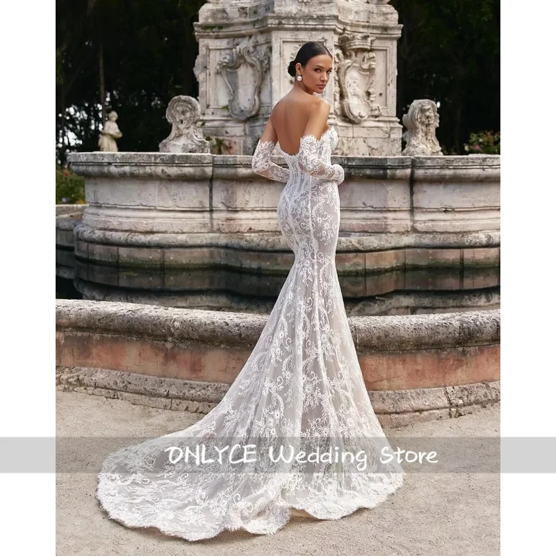 絶妙なレースマーメイドウェディングドレスストラップレスバックレス花嫁ウエディングドレスコルセットフロアレングステールブライダルガウンカスタマイズ