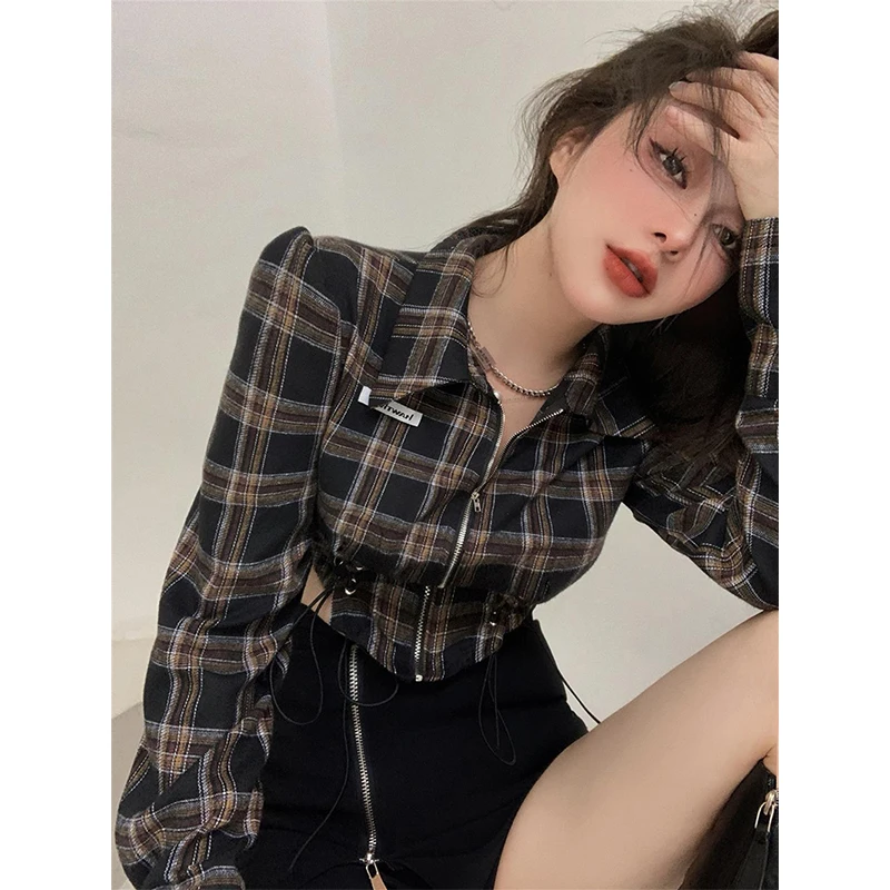 Y2K Streetwear Plaid Shirts Women Harajuku Bandage Tunic Crop Tops Vintage Korean Long Sleeve Zipper Slim Casual Chic Blouses