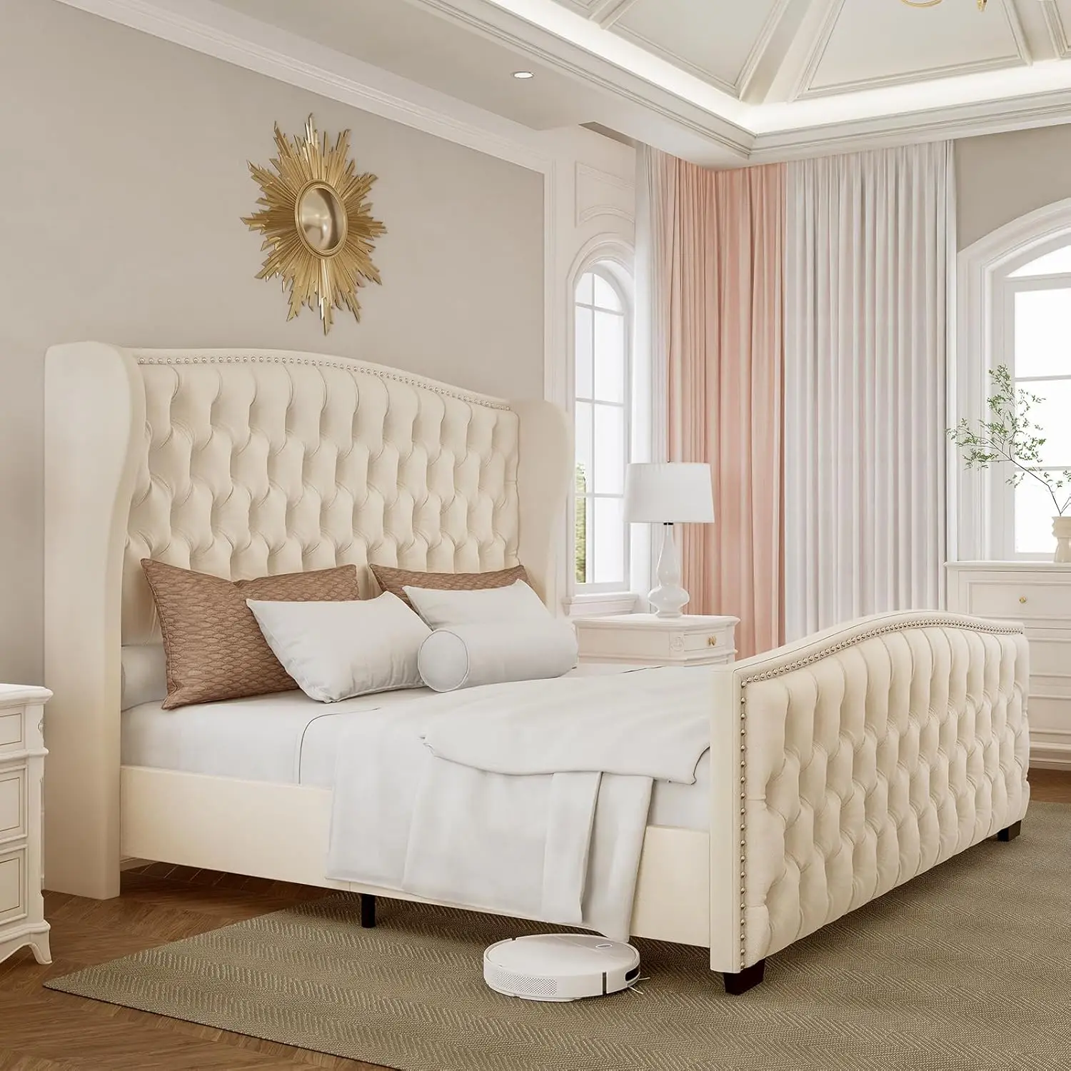 

Queen Platform Bed Frame With Wingba Headboard, Velvet Upholstered Bed Frame With Handmade Button Tufted & Nailhead, Wooden