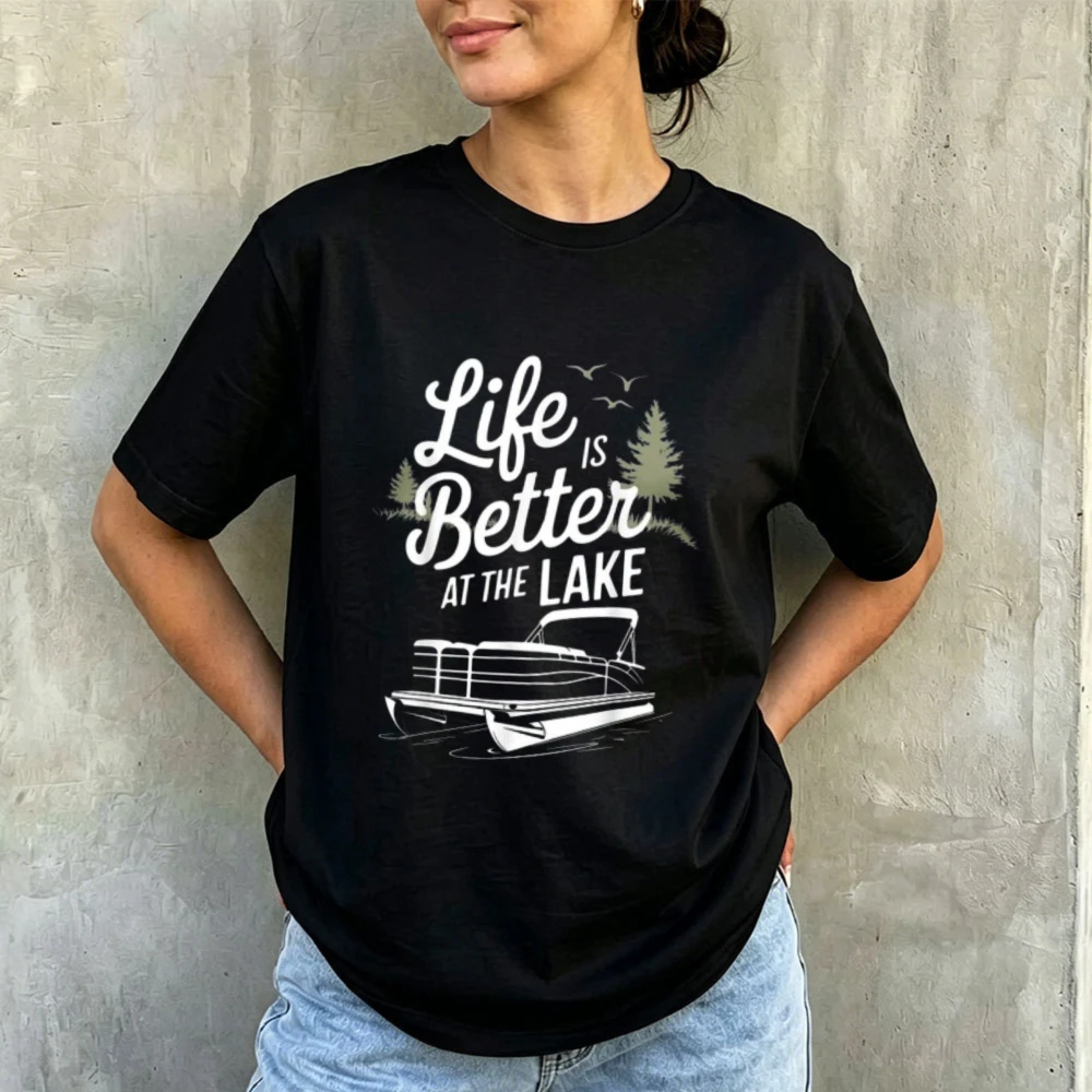 Life Is Better At The Lake Graphic Cotton T‑Shirt Pontoon Boat Nature Tree Bird Print  Casual Outdoor Vacation Streetwear Tops