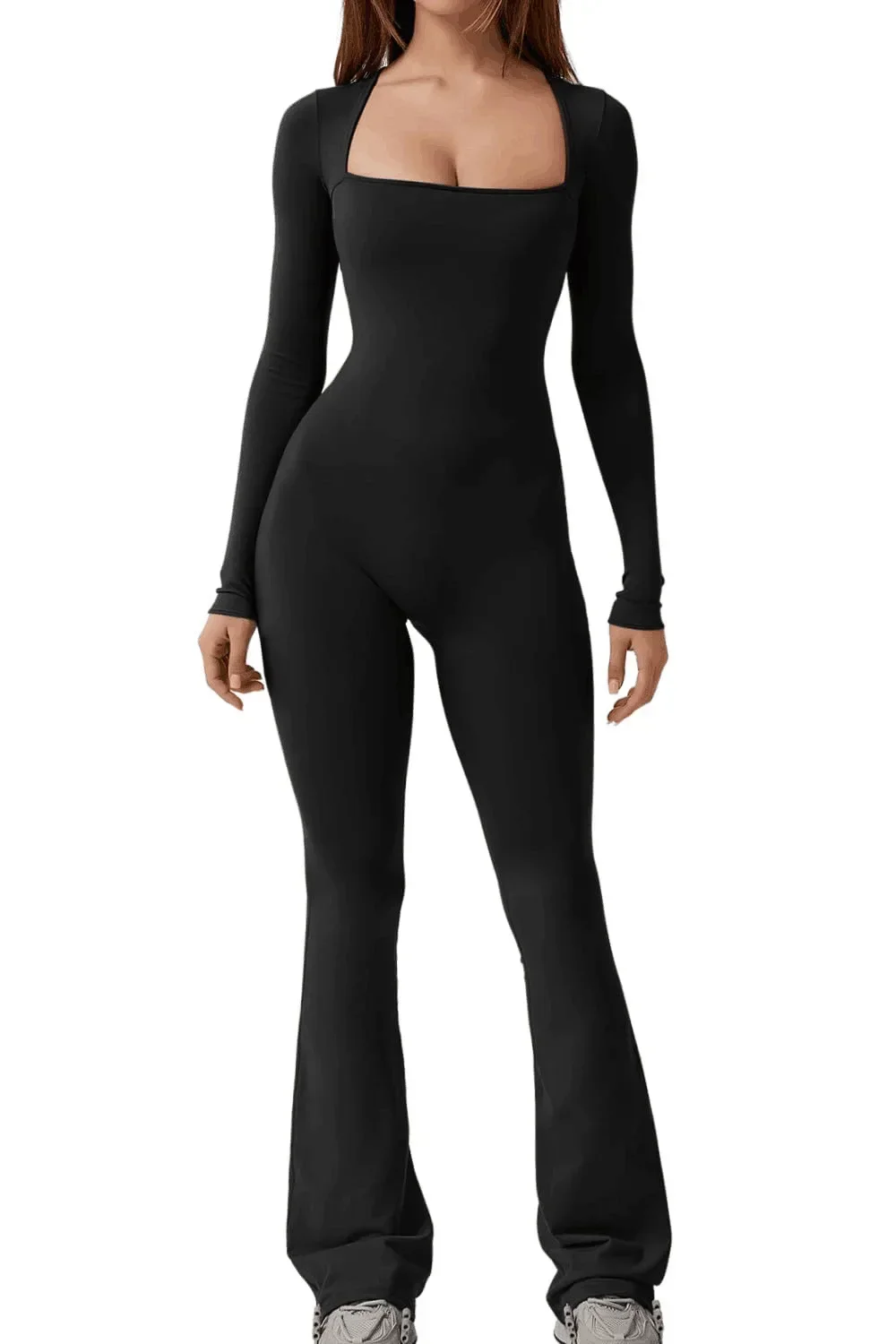 

Women's Yoga Suit Long Sleeve Belly Tie Waist Hip Lift Square Neck Wide Leg High Elastic Jumpsuit